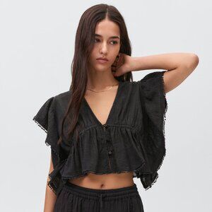 MANGO TEEN - Ruffled Crop Blouse black Teen Small / Women's XS